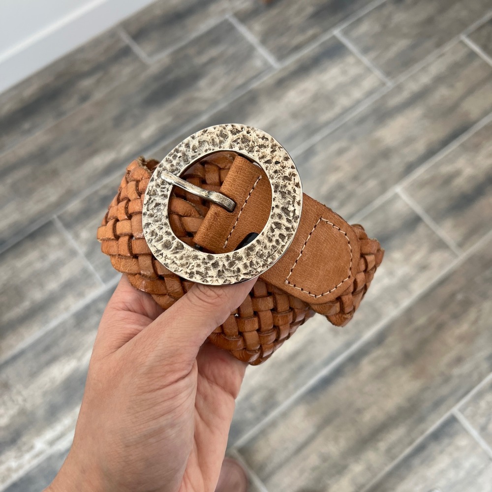 Linea Pelle Braided Belt Women Large Brown Leather Hammered Silver Round Buckle